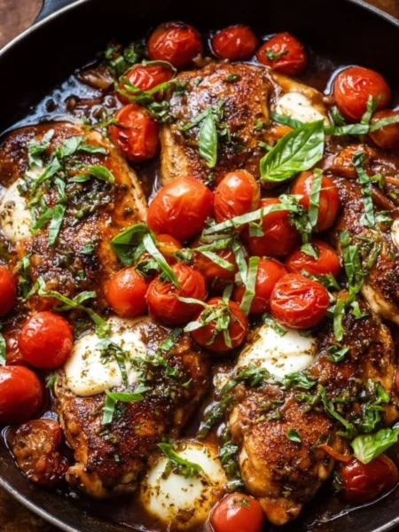 One-Pan Juicy Chicken drizzled with Balsamic Sauce on a rustic table setting