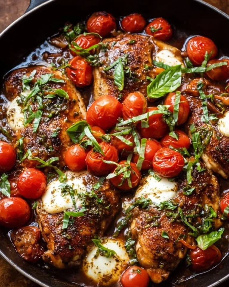 One-Pan Juicy Chicken drizzled with Balsamic Sauce on a rustic table setting