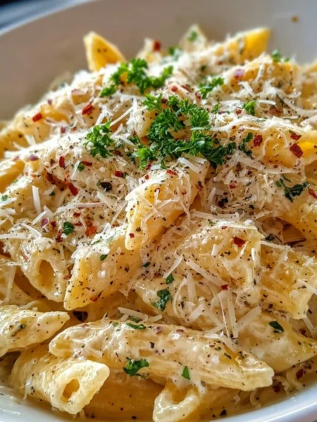 One Pot Creamy Garlic Pasta dish served in a bowl with herbs on top.