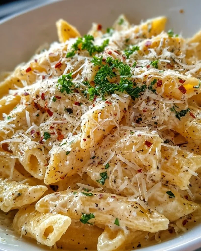 One Pot Creamy Garlic Pasta dish served in a bowl with herbs on top.