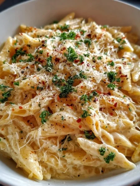 Delicious One Pot Creamy Garlic Pasta garnished with herbs