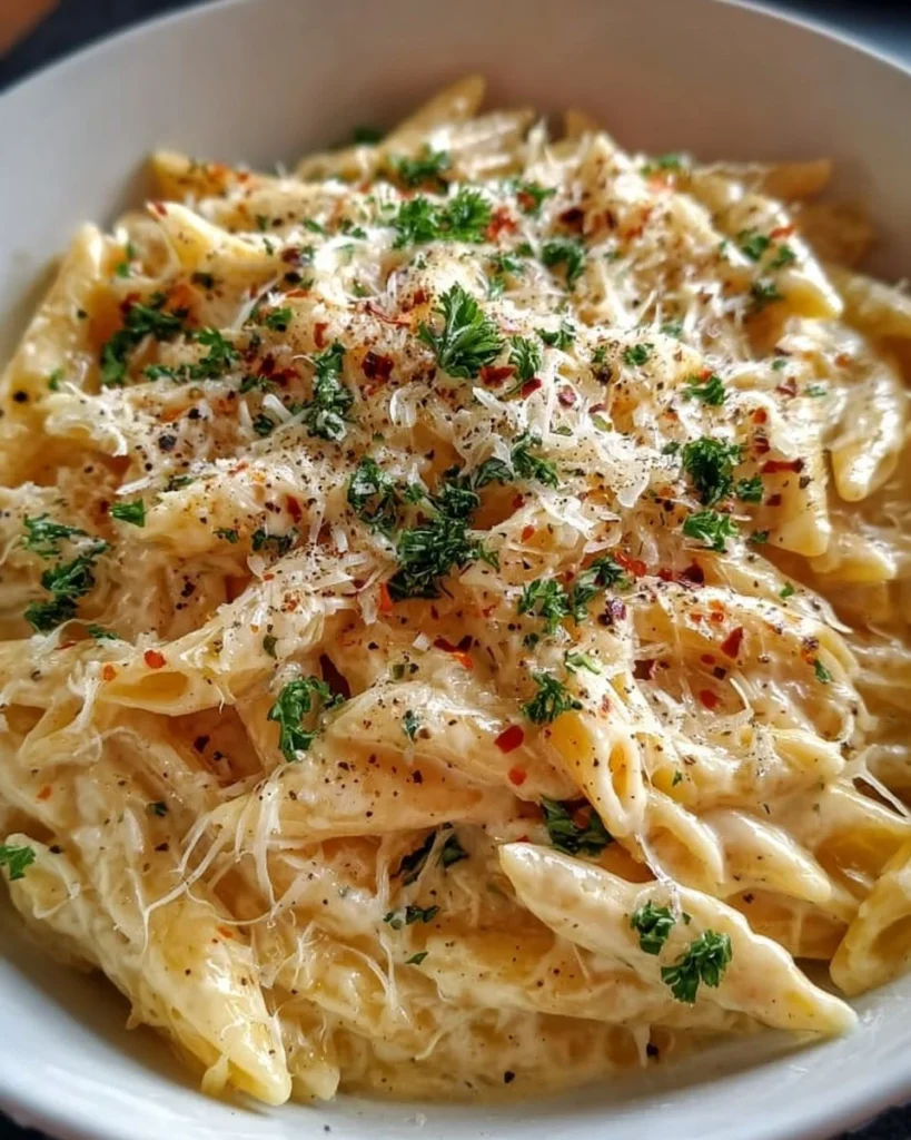 Delicious One Pot Creamy Garlic Pasta garnished with herbs