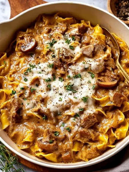 One Pot French Onion Pasta garnished with herbs and cheese