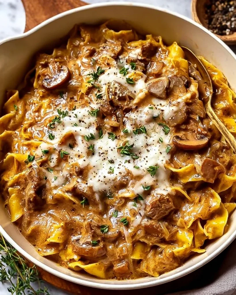 One Pot French Onion Pasta garnished with herbs and cheese