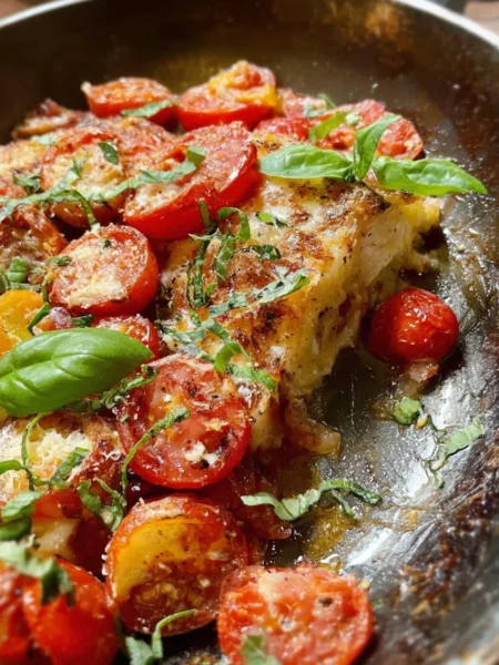 One skillet tomato dish with fresh ingredients, perfect for a quick meal.