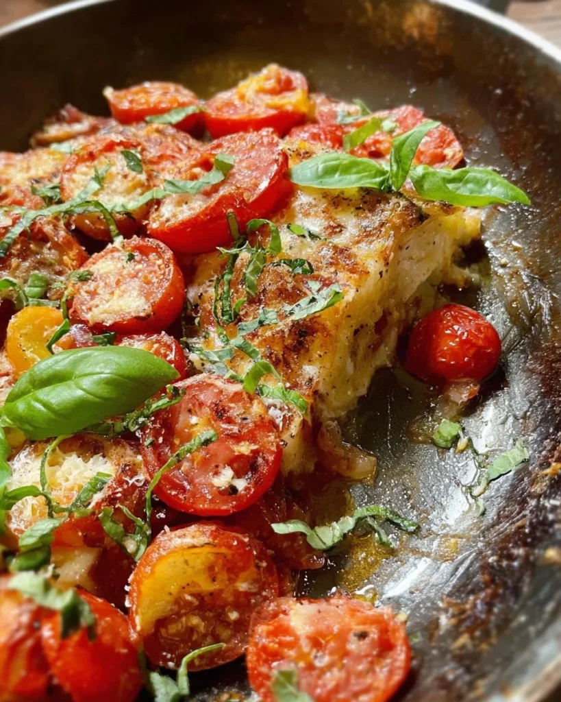 One skillet tomato dish with fresh ingredients, perfect for a quick meal.