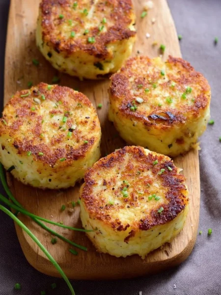 Oven-baked mashed potato cakes served with toppings.