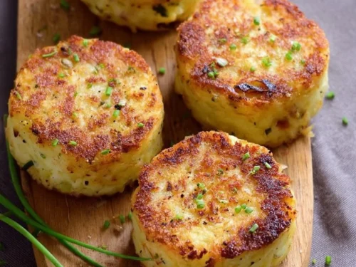 Oven-baked mashed potato cakes served with toppings.