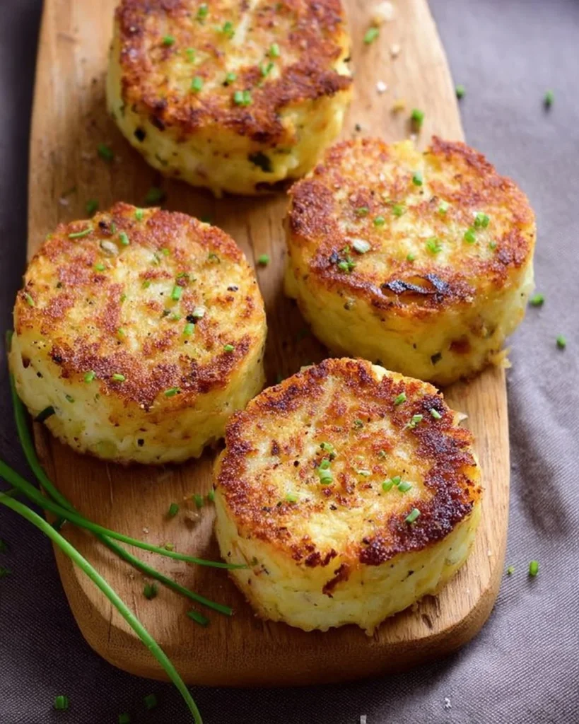 Oven-baked mashed potato cakes served with toppings.