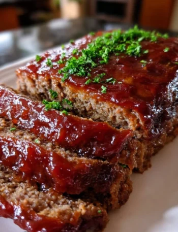 Delicious brown sugar meatloaf served on a plate with garnish