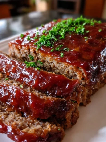 Delicious brown sugar meatloaf served on a plate with garnish