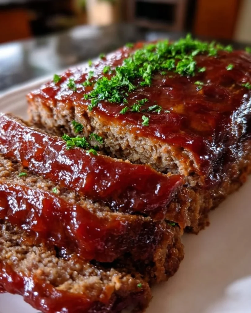 Delicious brown sugar meatloaf served on a plate with garnish