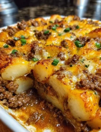 Delicious hobo casserole served in a baking dish with ingredients visible