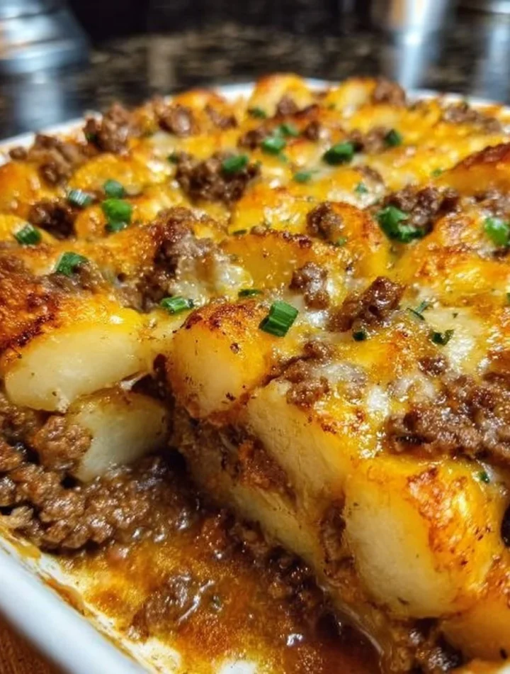 Delicious hobo casserole served in a baking dish with ingredients visible