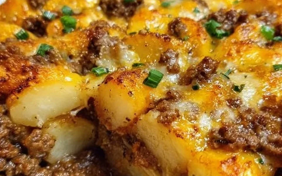 Delicious hobo casserole served in a baking dish with ingredients visible