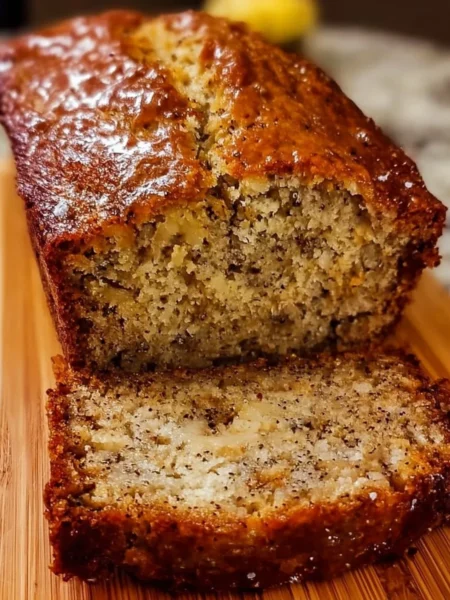 Slice of perfect moist banana bread on a wooden cutting board