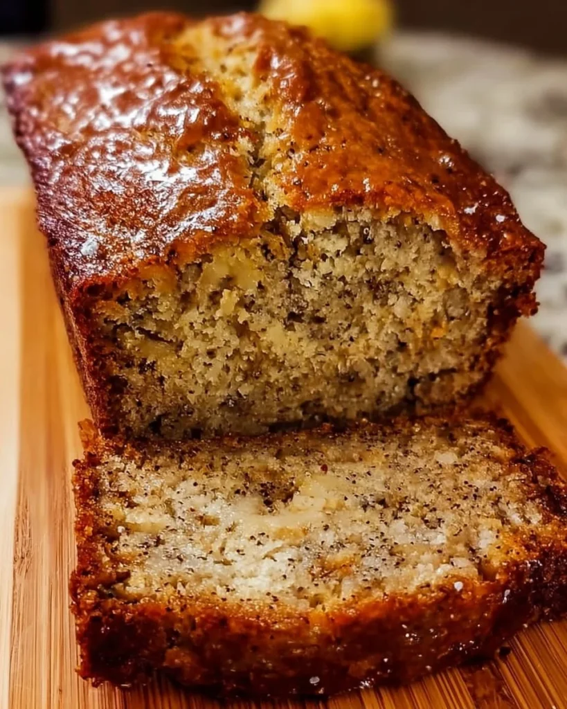 Slice of perfect moist banana bread on a wooden cutting board