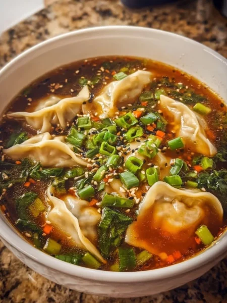 Bowl of potsticker soup featuring dumplings and vibrant vegetables