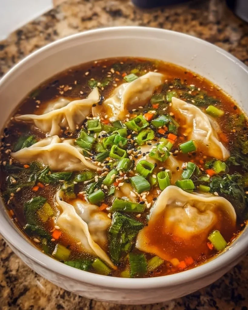 Bowl of potsticker soup featuring dumplings and vibrant vegetables