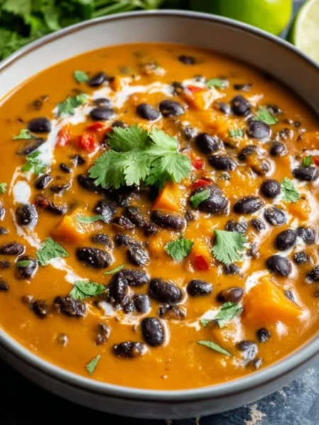 Bowl of Pumpkin Black Bean Soup garnished with cilantro