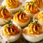 Pumpkin Patch Deviled Eggs served on a festive platter