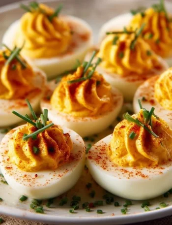 Pumpkin Patch Deviled Eggs served on a festive platter