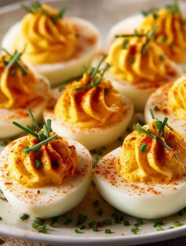 Pumpkin Patch Deviled Eggs served on a festive platter