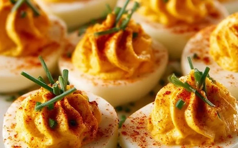 Pumpkin Patch Deviled Eggs served on a festive platter