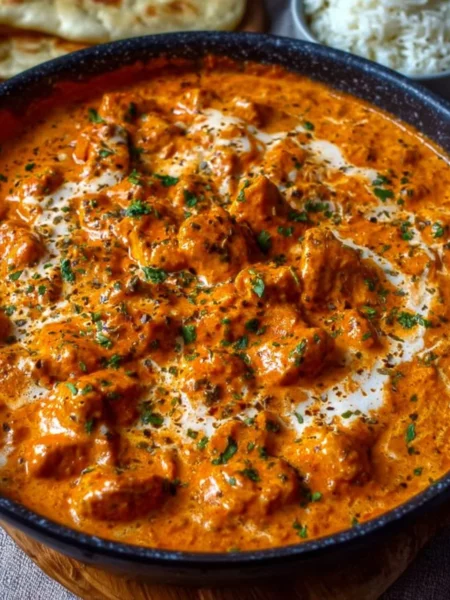 Delicious homemade butter chicken served with rice and garnish