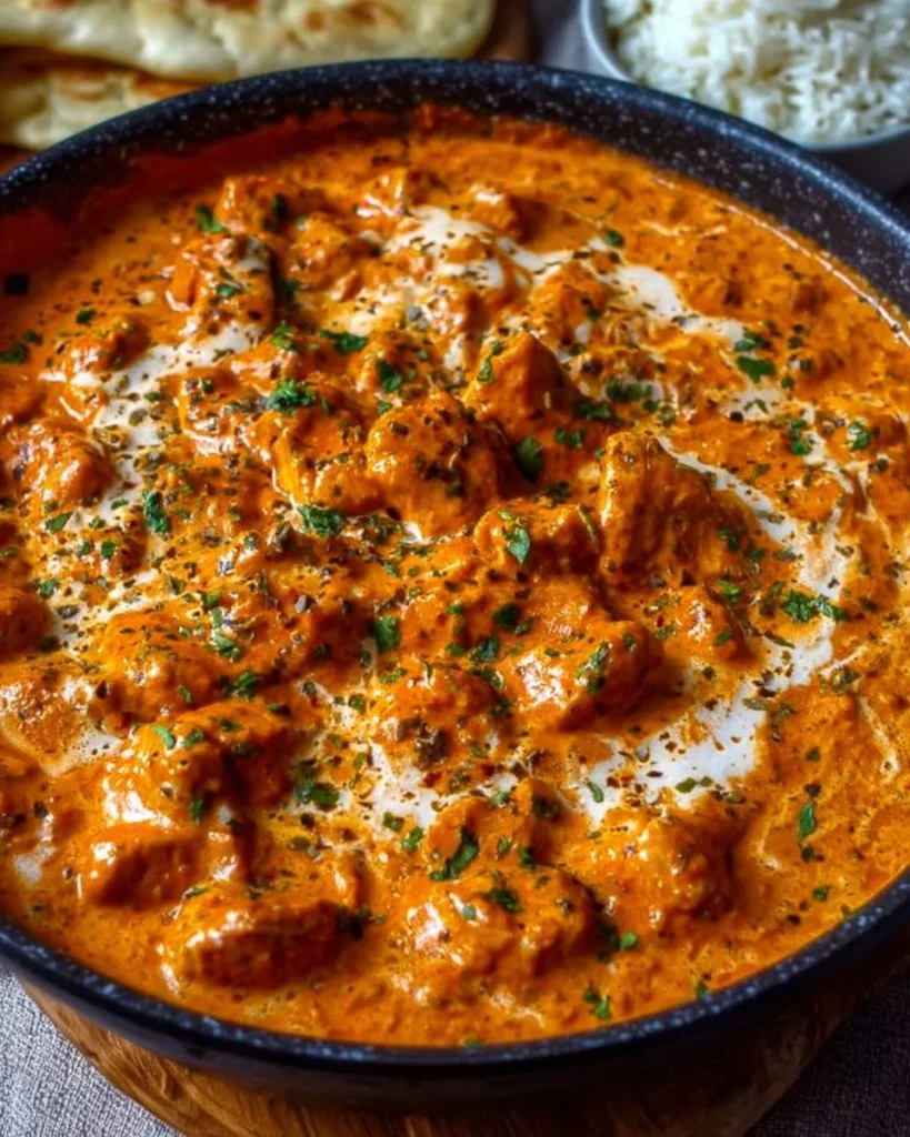 Delicious homemade butter chicken served with rice and garnish