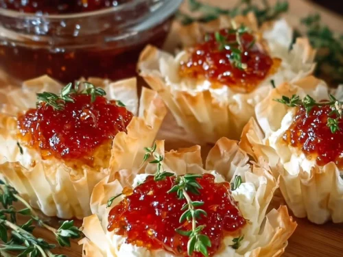 Cream cheese and pepper jelly dip served in a dish with crackers
