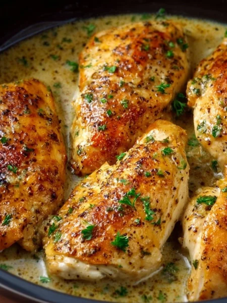 Delicious Ranch Chicken slow cooked in a crock pot for a flavorful meal