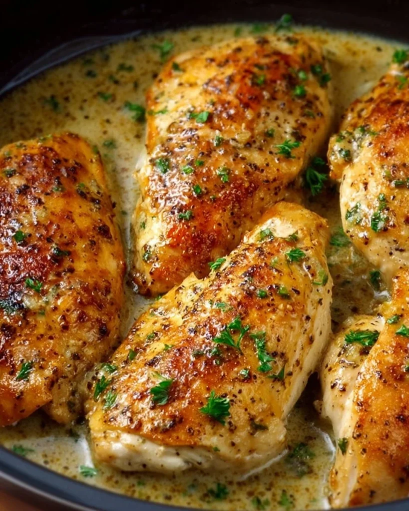 Delicious Ranch Chicken slow cooked in a crock pot for a flavorful meal