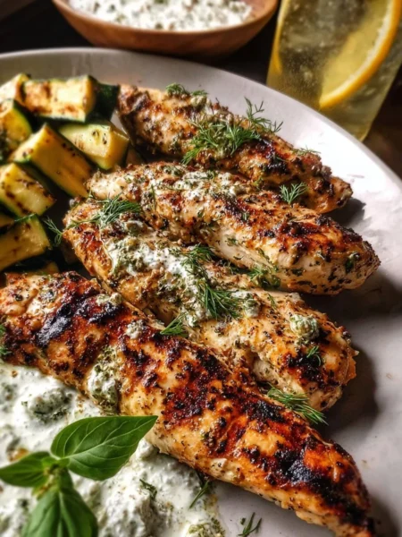 Ranch Chicken Tzatziki served with Parmesan Zucchini on a plate.