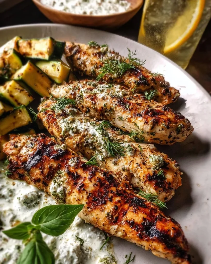 Ranch Chicken Tzatziki served with Parmesan Zucchini on a plate.