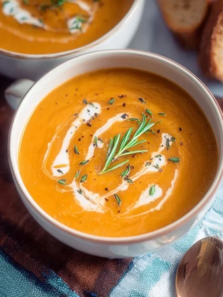 Bowl of creamy roasted pumpkin soup garnished with herbs and spices