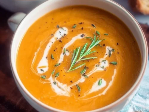 Bowl of creamy roasted pumpkin soup garnished with herbs and spices
