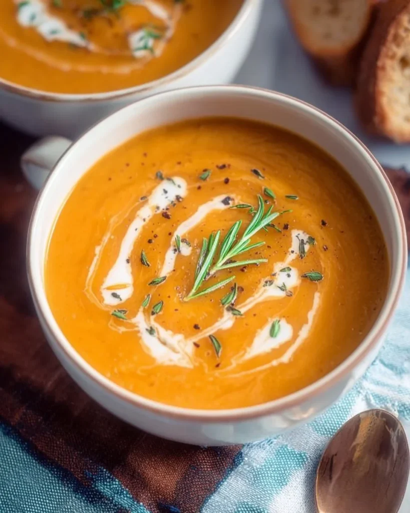 Bowl of creamy roasted pumpkin soup garnished with herbs and spices