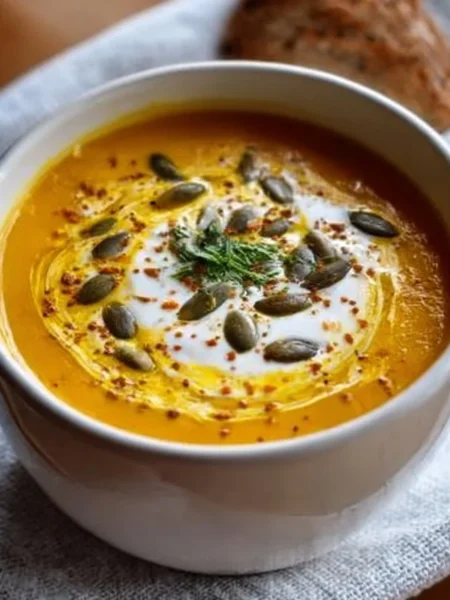 Bowl of creamy roasted pumpkin soup garnished with herbs
