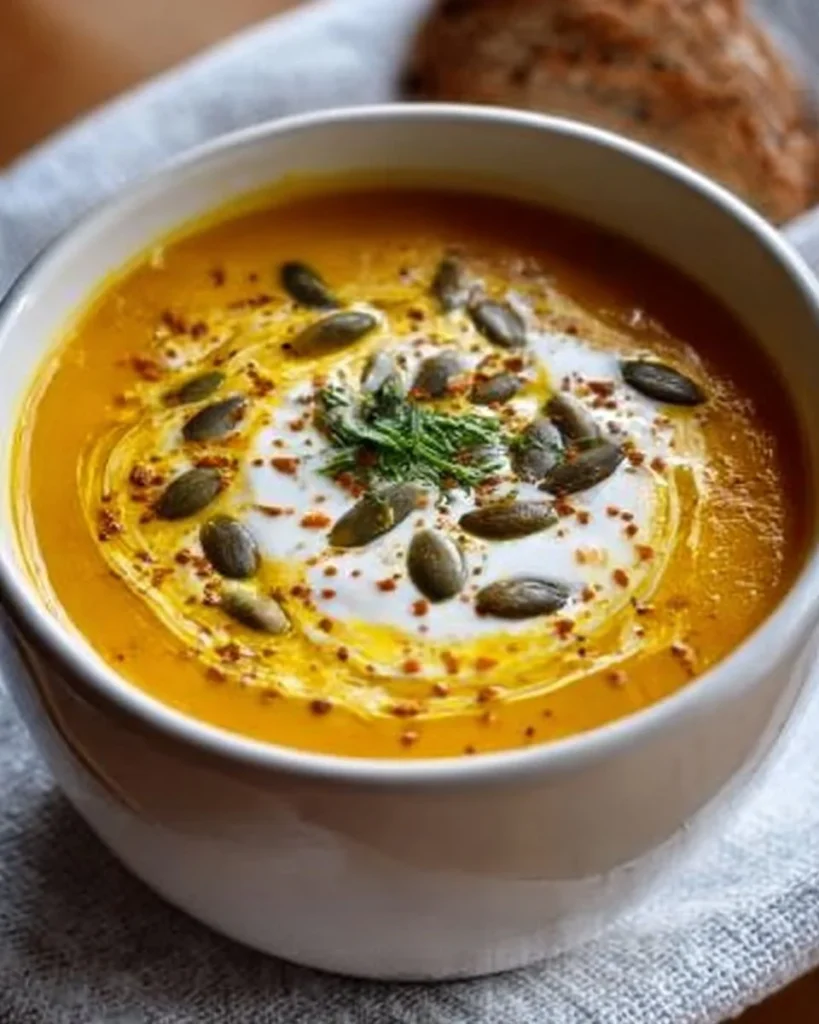 Bowl of creamy roasted pumpkin soup garnished with herbs