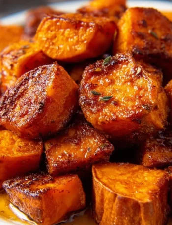 Delicious roasted sweet potatoes topped with maple syrup and cinnamon