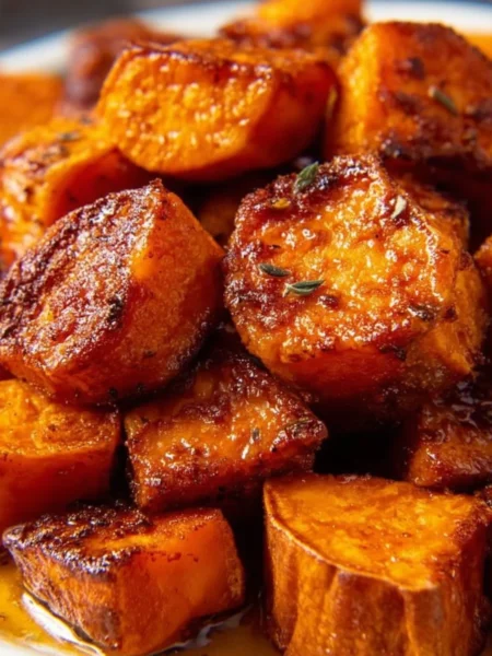 Delicious roasted sweet potatoes topped with maple syrup and cinnamon