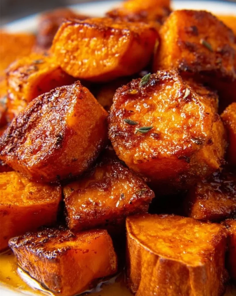 Delicious roasted sweet potatoes topped with maple syrup and cinnamon