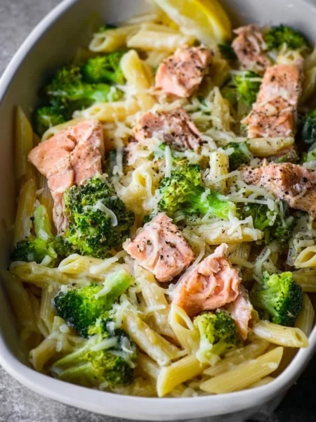 Plate of salmon broccoli pasta garnished with herbs