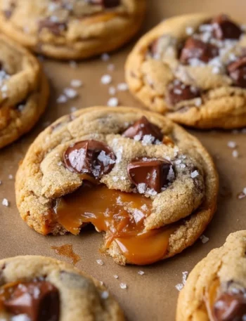 Freshly baked salted caramel cookies on a plate