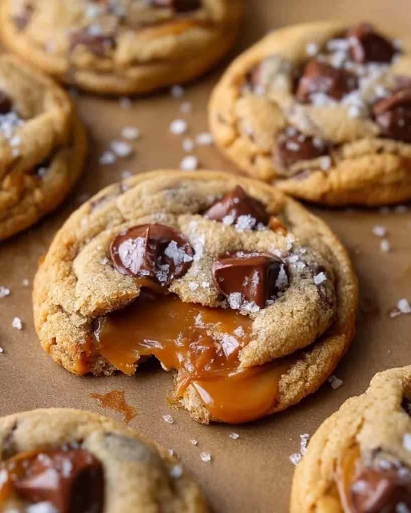 Freshly baked salted caramel cookies on a plate