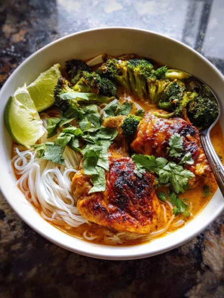 Delicious coconut braised chicken served with rice noodles and broccoli