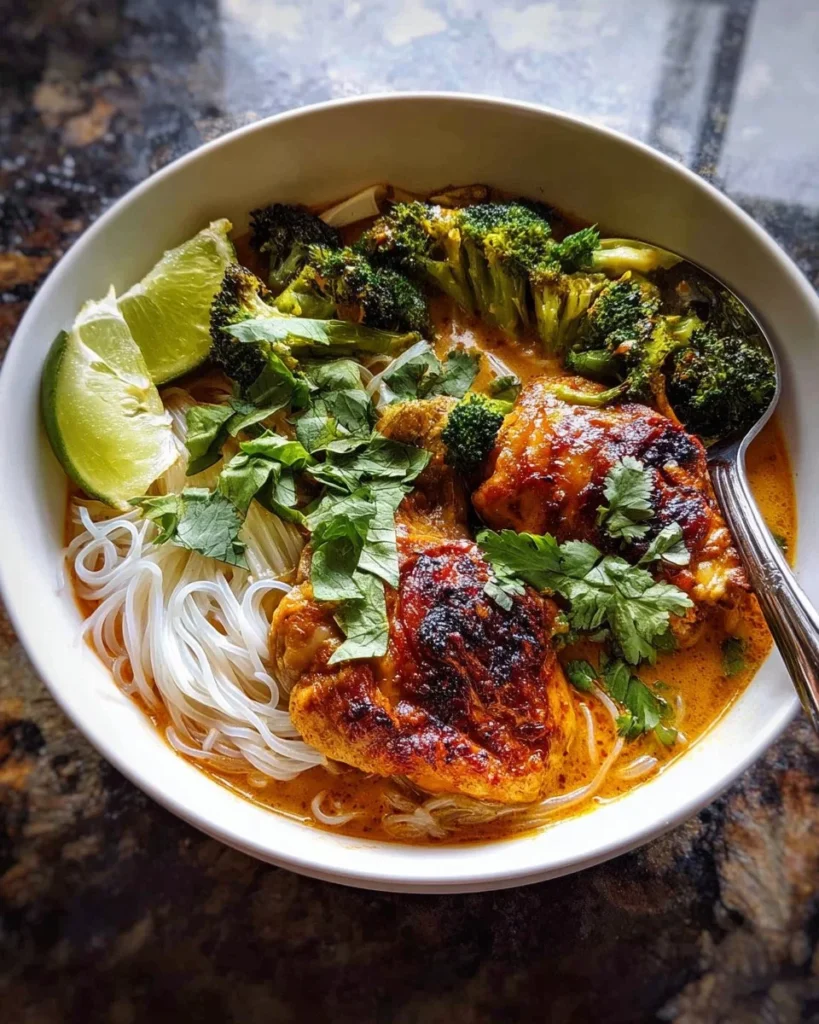 Delicious coconut braised chicken served with rice noodles and broccoli