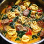 Bowl of Sausage Tortellini Soup with Spinach, colorful and delicious