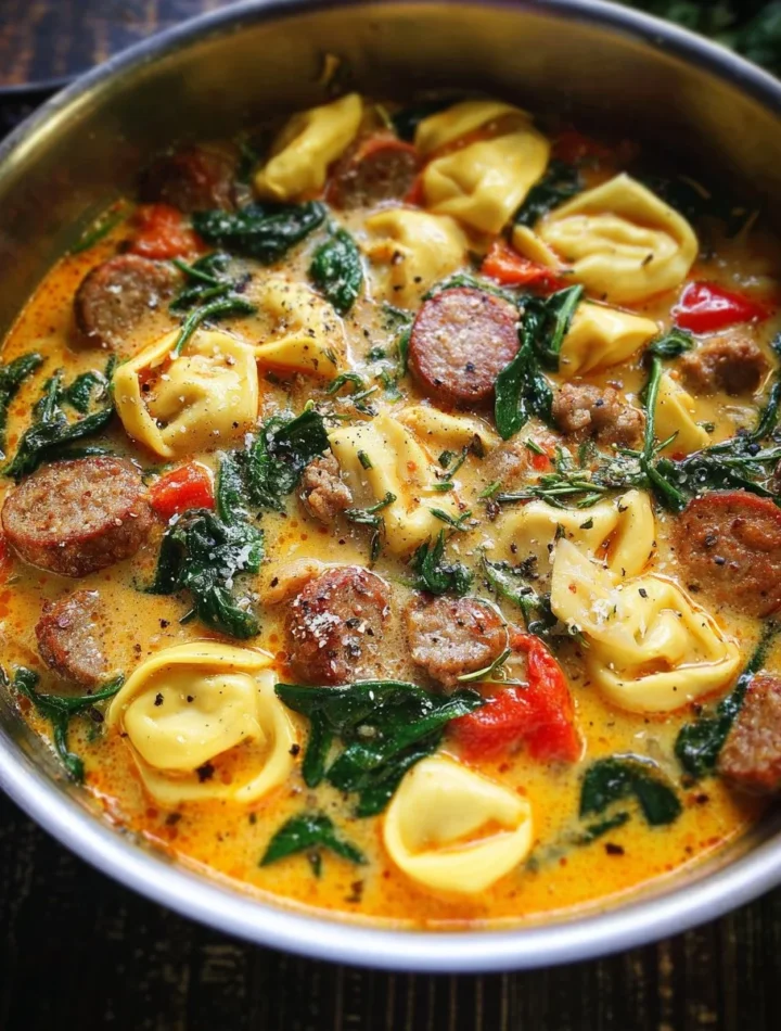 Bowl of Sausage Tortellini Soup with Spinach, colorful and delicious